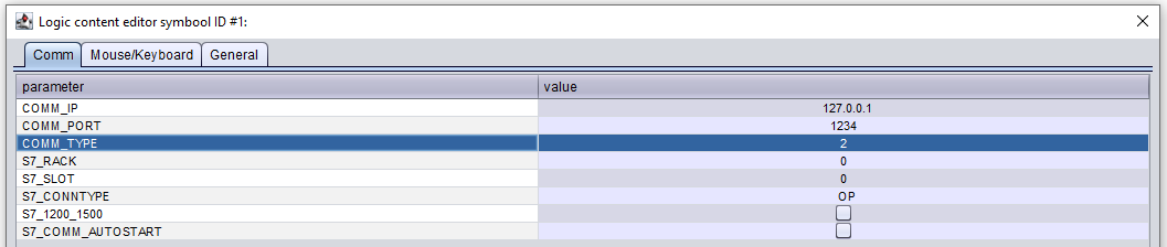 Setting for the server - comm tab