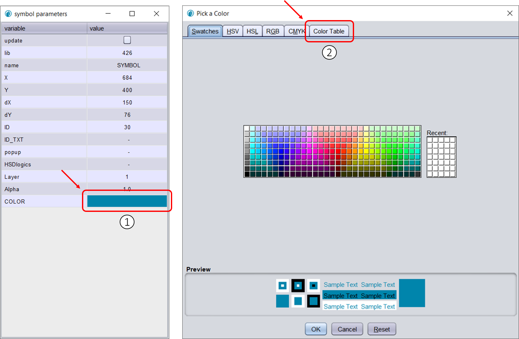color symbol parameters